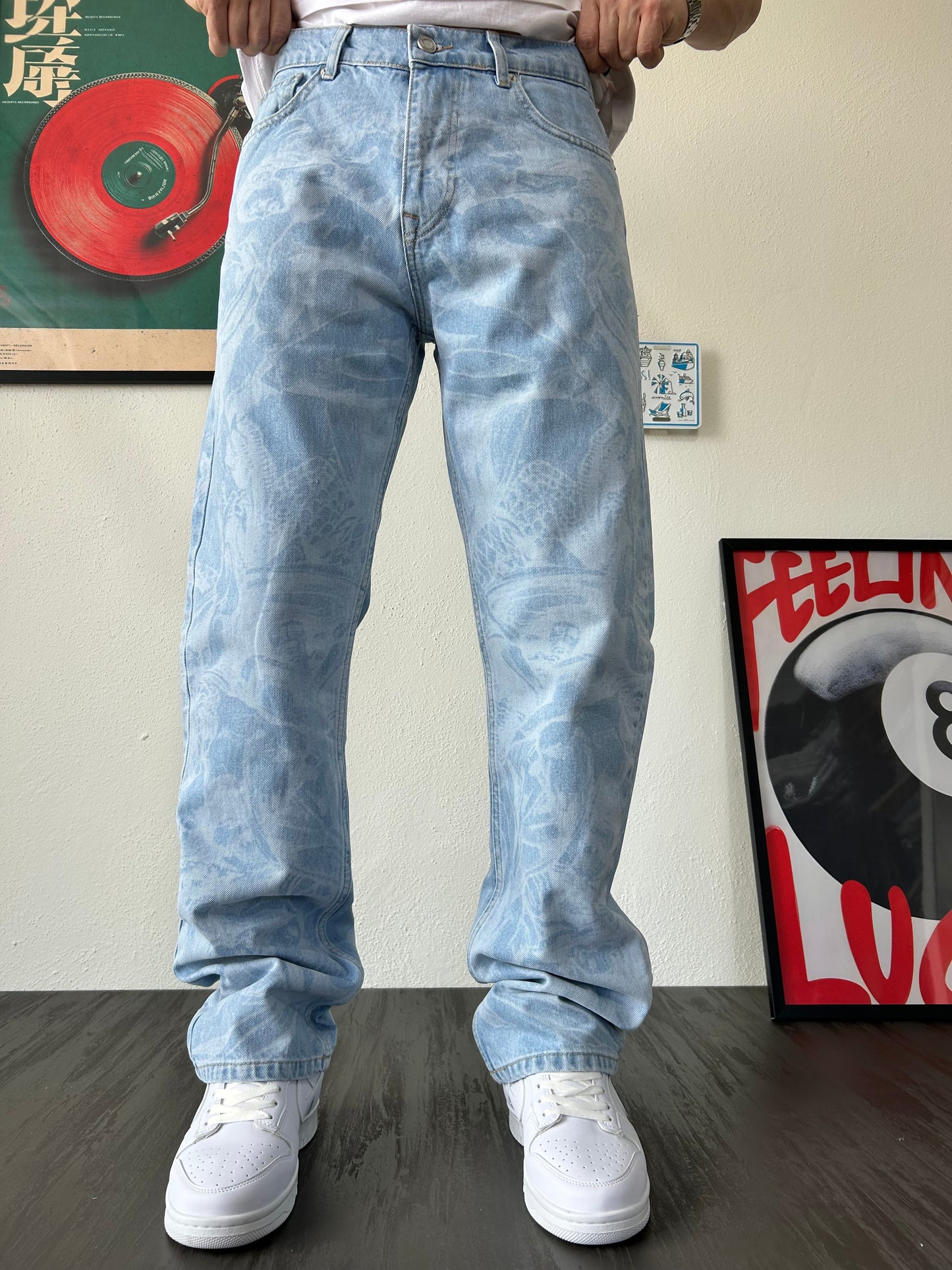 Old School Doku Desenli Buz Mavi Baggy Jean