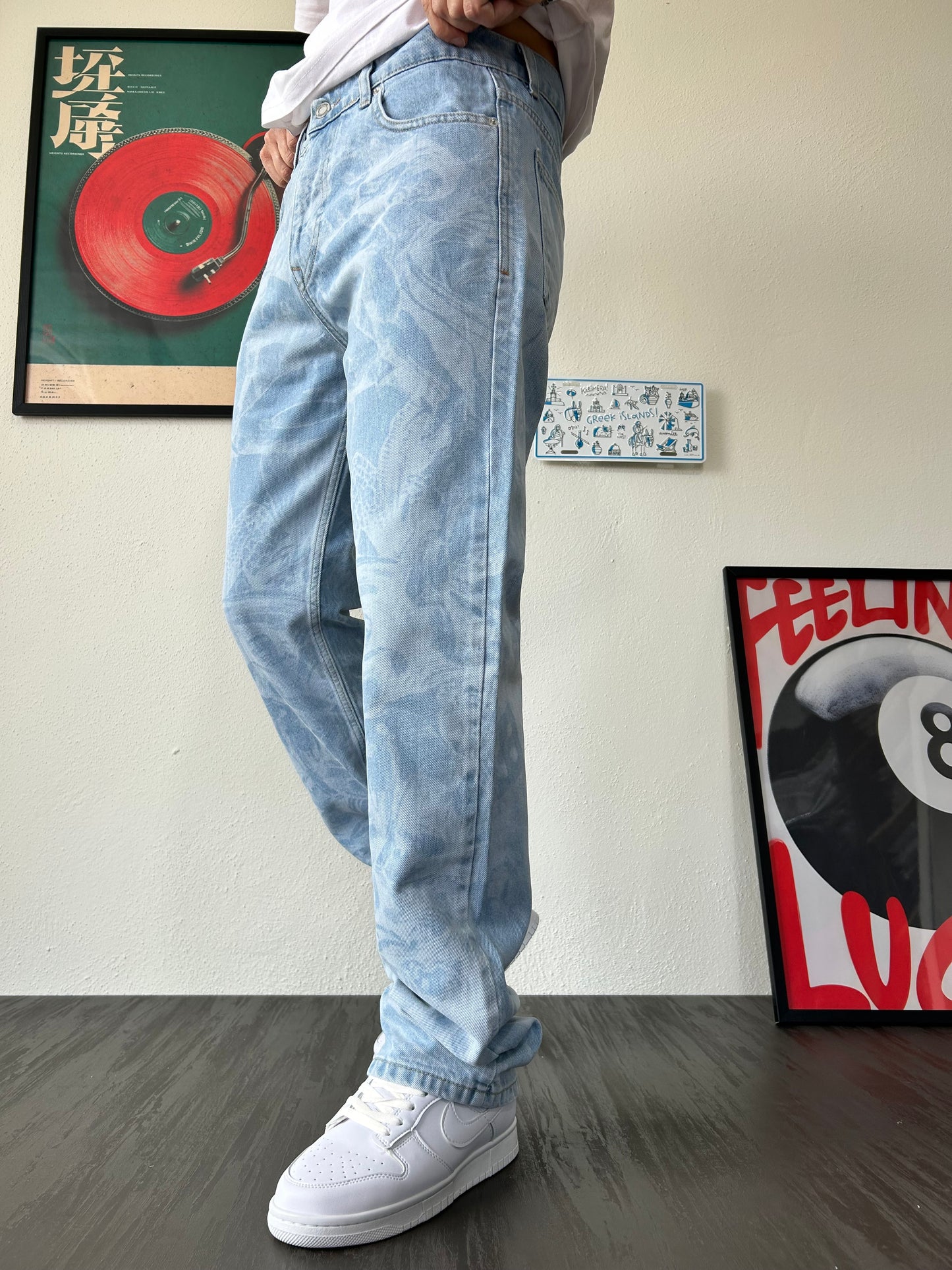 Old School Doku Desenli Buz Mavi Baggy Jean