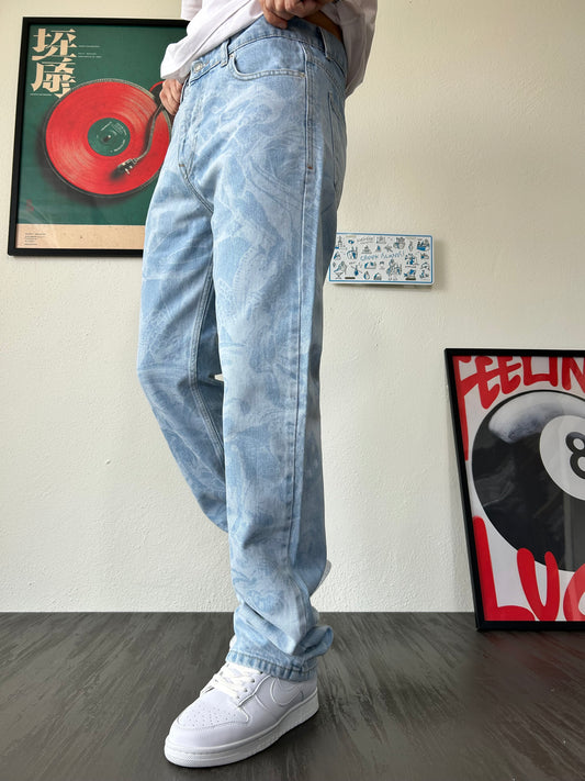 Old School Doku Desenli Buz Mavi Baggy Jean