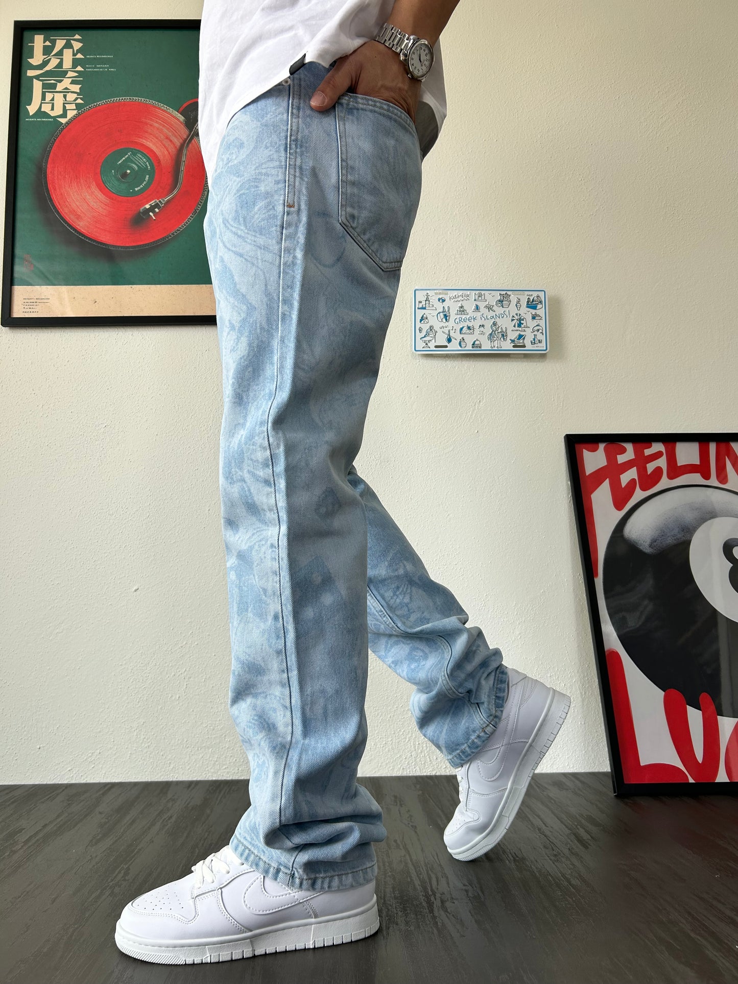 Old School Doku Desenli Buz Mavi Baggy Jean
