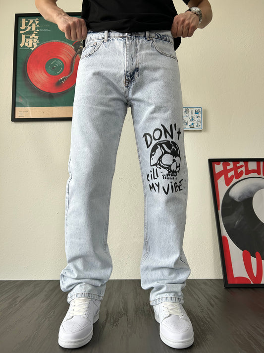 Don’t Kill My Vibe Baskılı Buz Mavi Baggy Jean