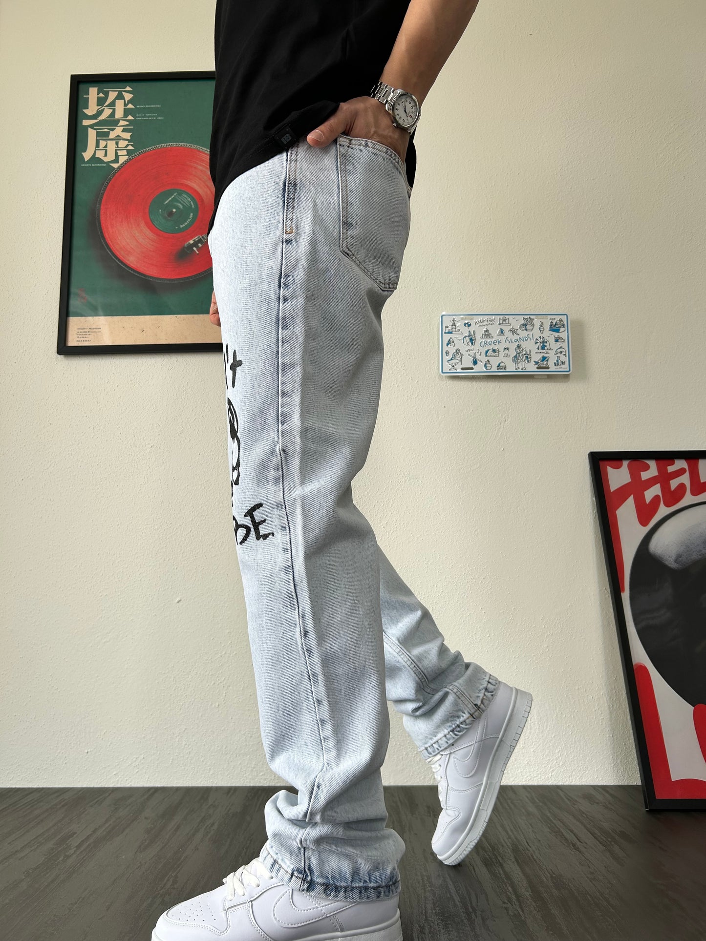 Don’t Kill My Vibe Baskılı Buz Mavi Baggy Jean