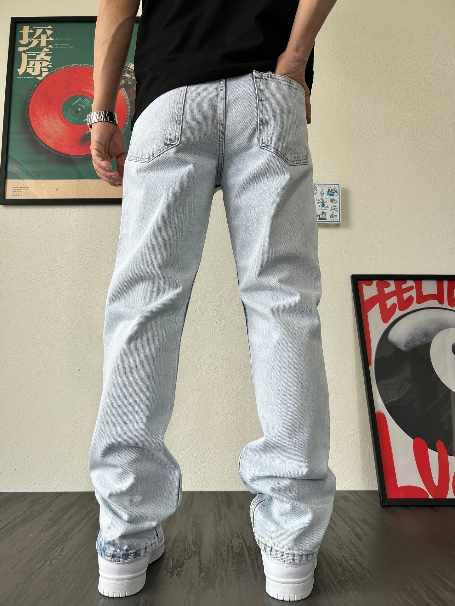 Don’t Kill My Vibe Baskılı Buz Mavi Baggy Jean