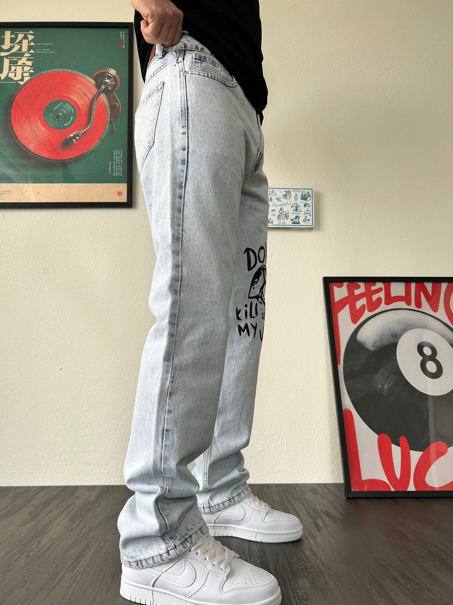 Don’t Kill My Vibe Baskılı Buz Mavi Baggy Jean