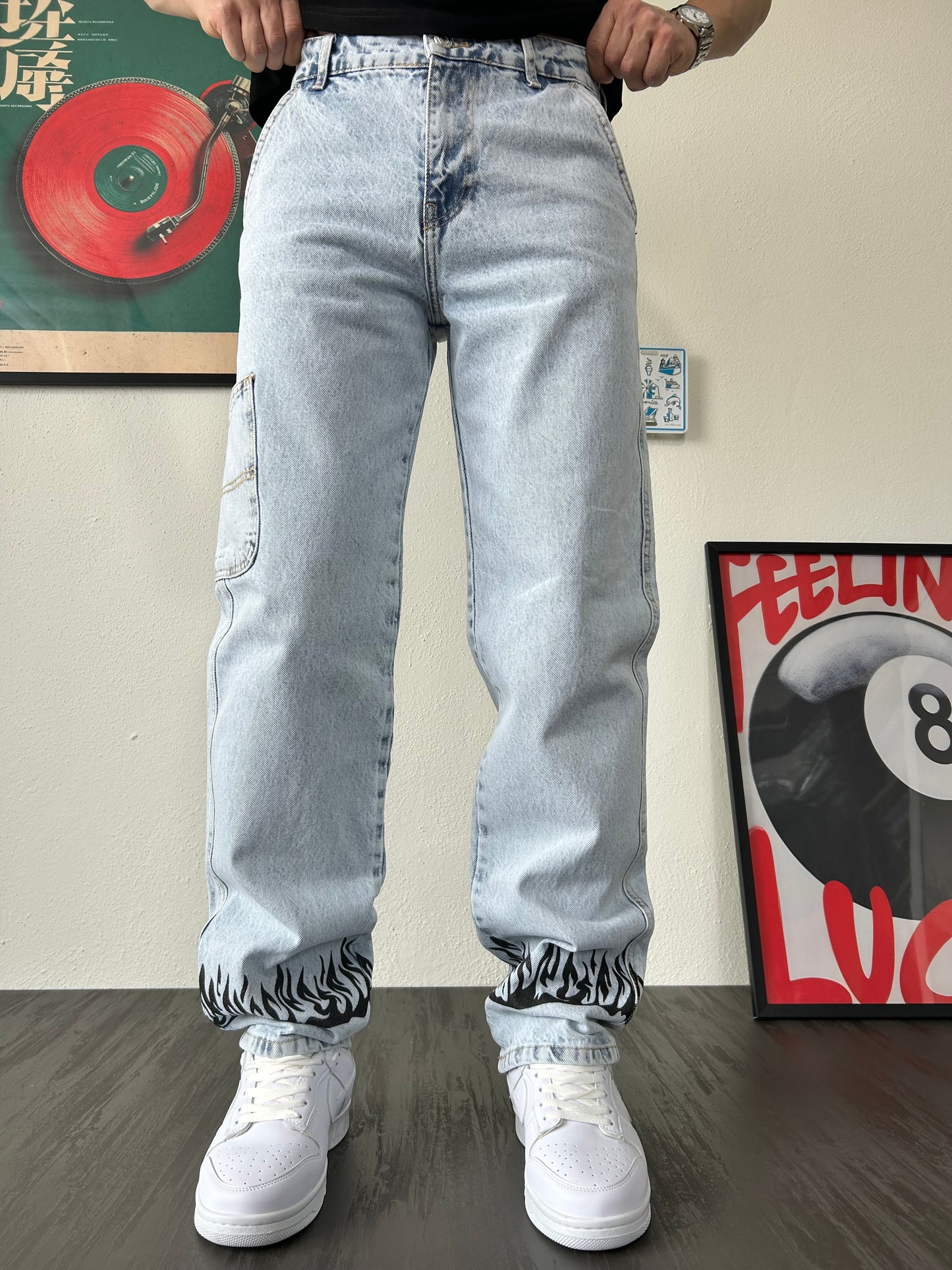 Flame Baskılı Buz Mavi Baggy Jean