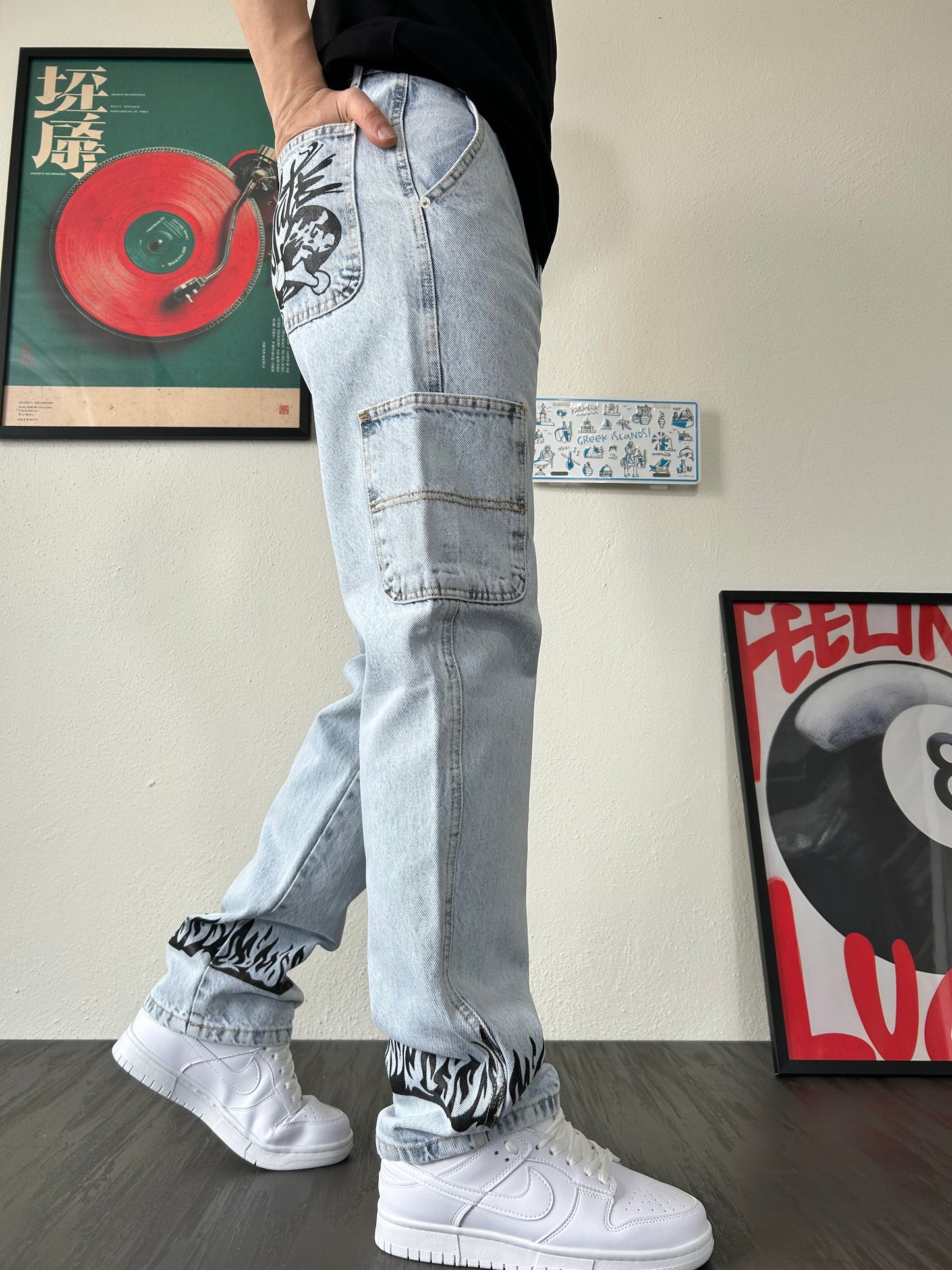 Flame Baskılı Buz Mavi Baggy Jean