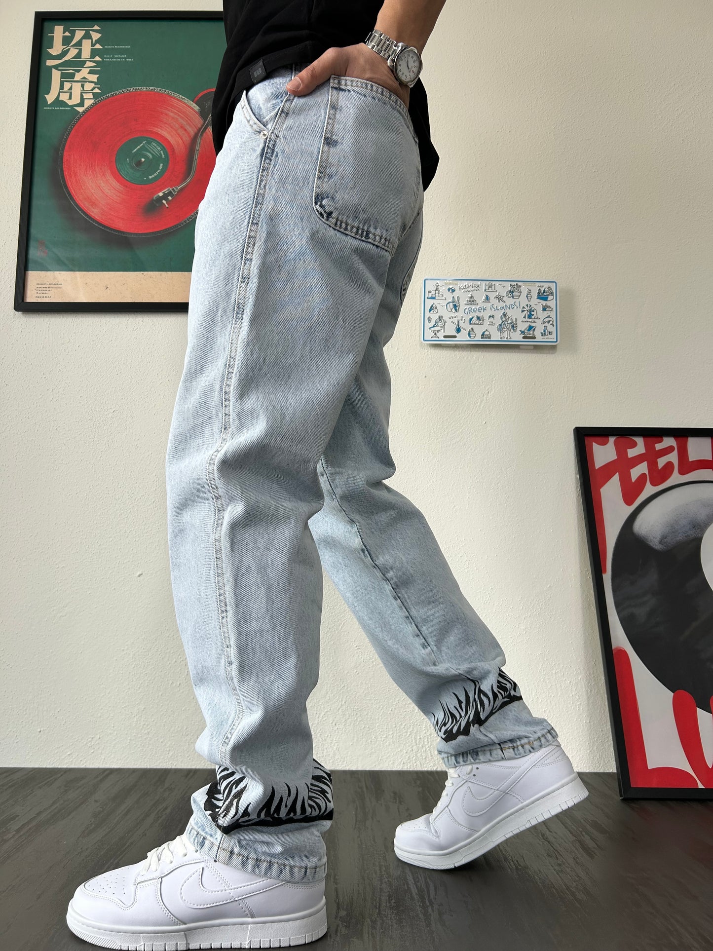 Flame Baskılı Buz Mavi Baggy Jean