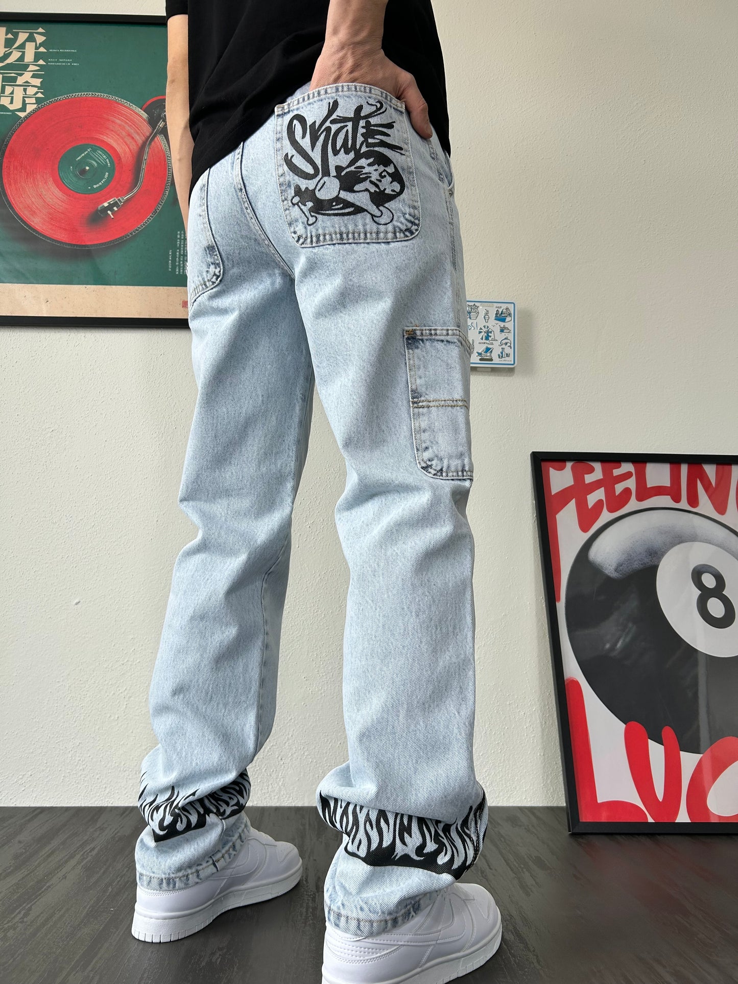 Flame Baskılı Buz Mavi Baggy Jean