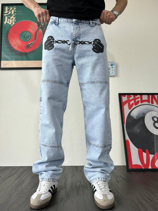 Break The Rules Baskılı Buz Mavi Baggy Jean