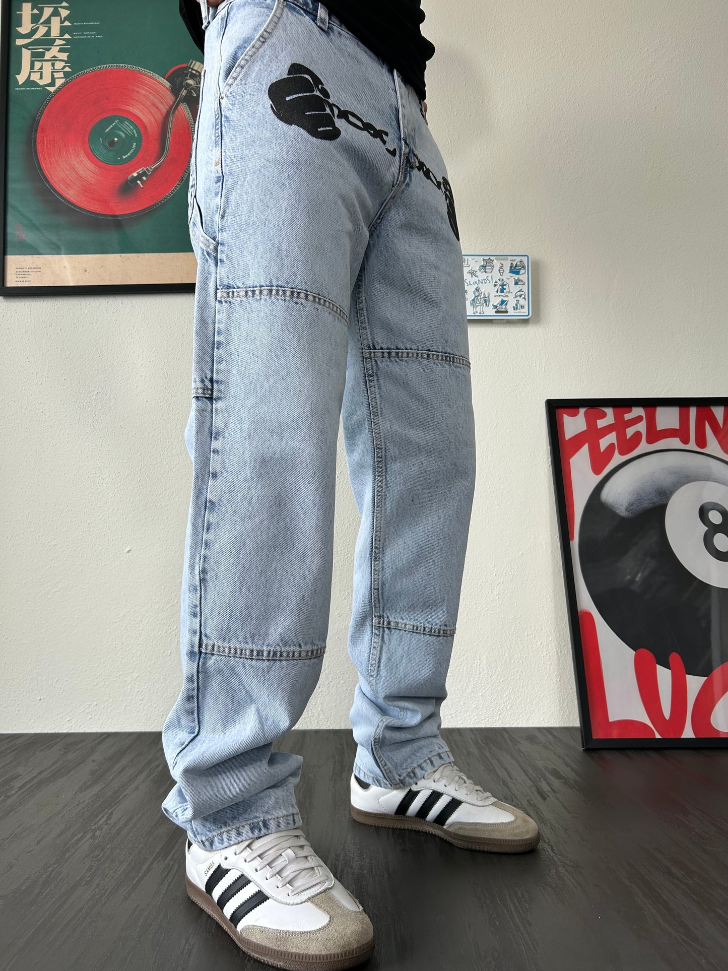 Break The Rules Baskılı Buz Mavi Baggy Jean