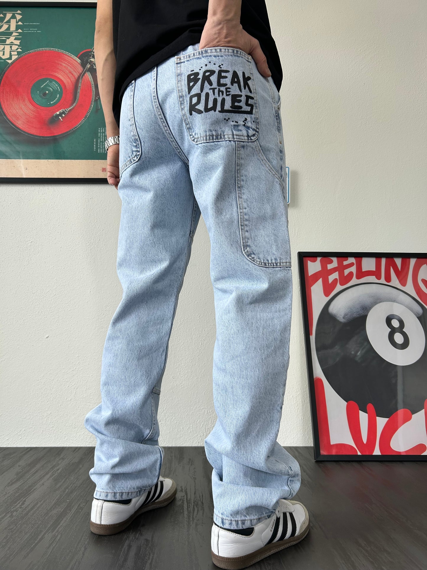 Break The Rules Baskılı Buz Mavi Baggy Jean
