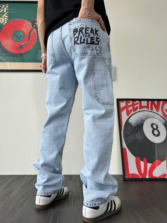 Break The Rules Baskılı Buz Mavi Baggy Jean