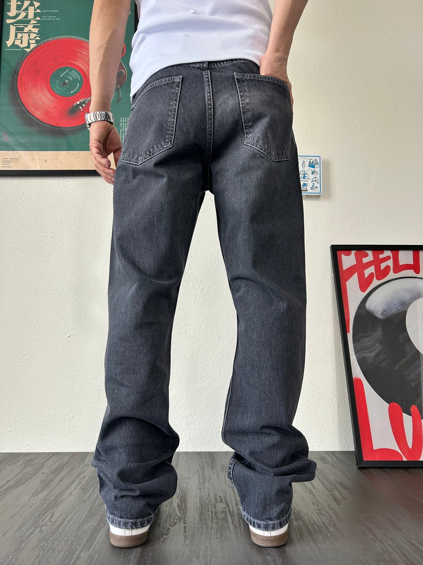 Siyah Yıkamalı Taşlamalı Baggy Jean
