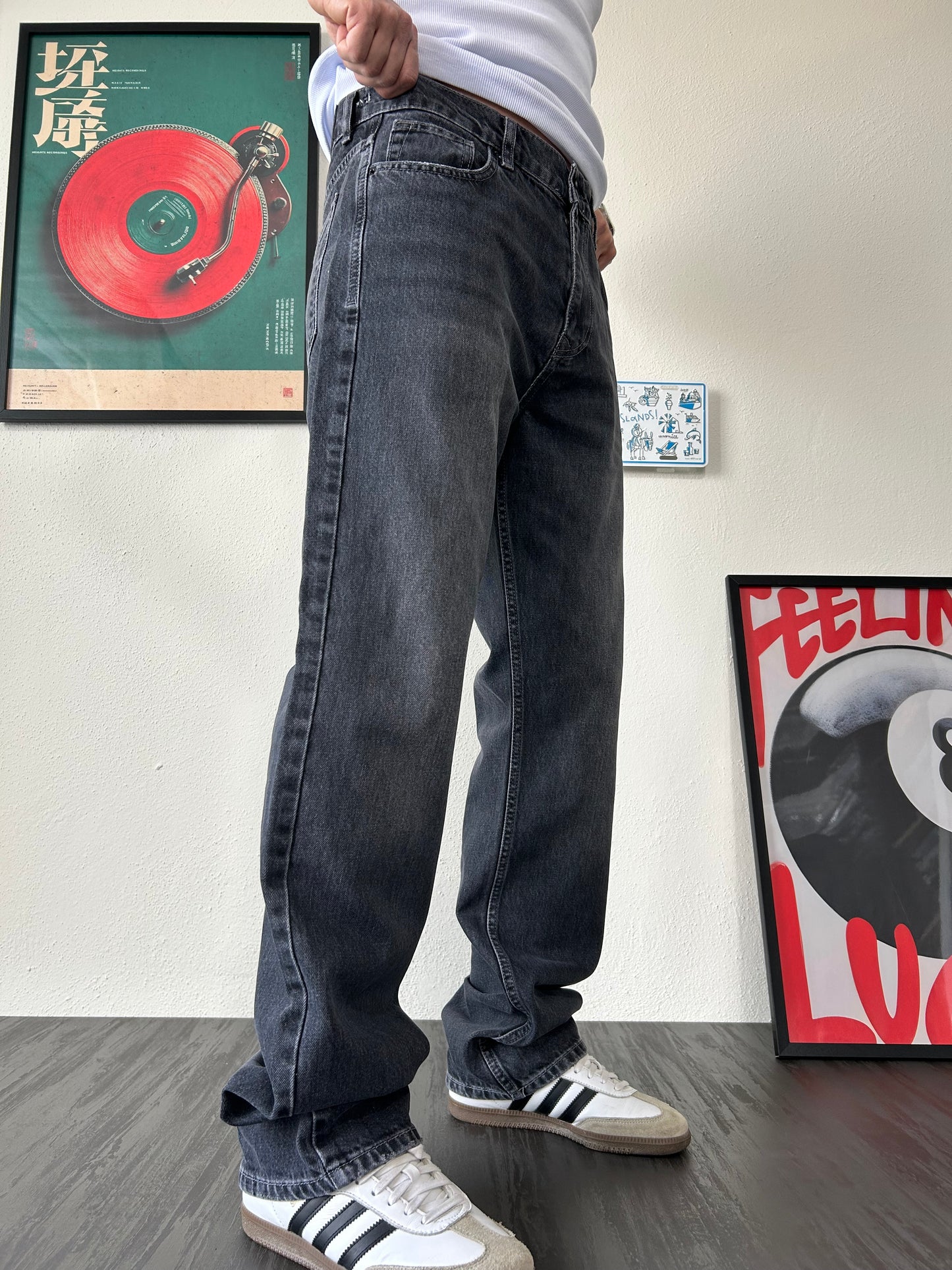 Siyah Yıkamalı Taşlamalı Baggy Jean