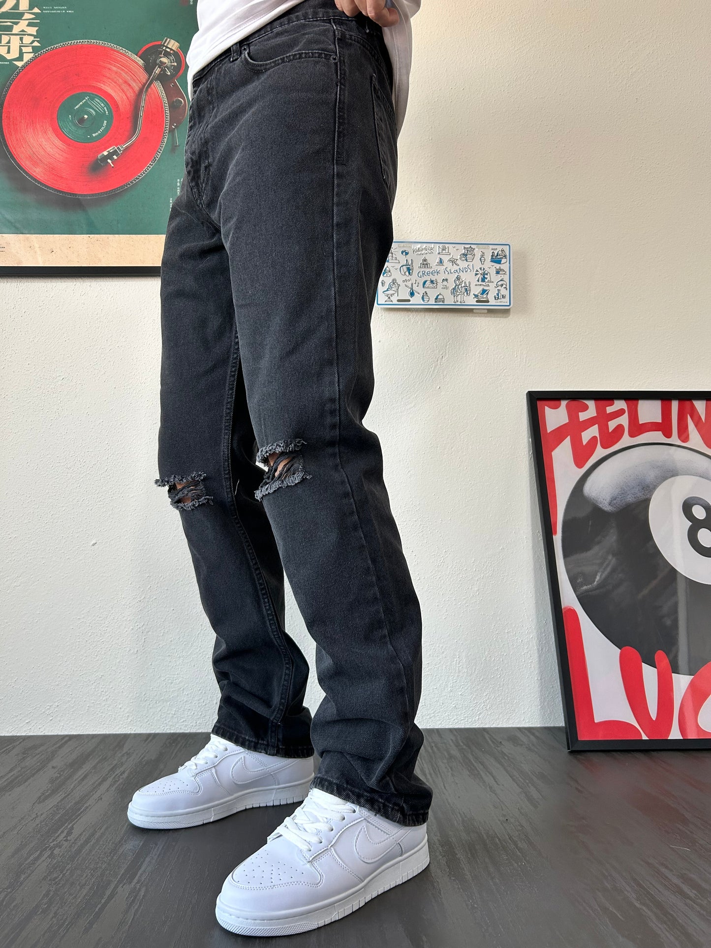Dizi Yırtık Lazer Detay Füme Loose Fit Jean