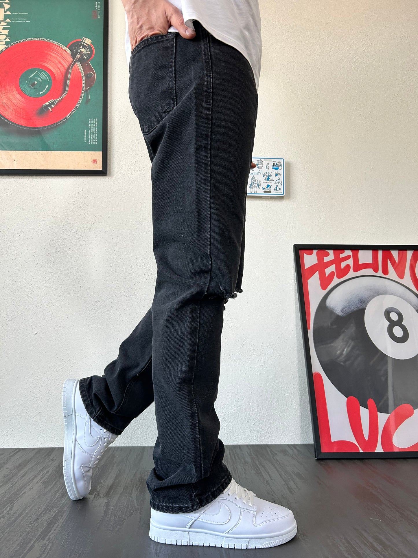 Dizi Yırtık Lazer Detay Füme Loose Fit Jean