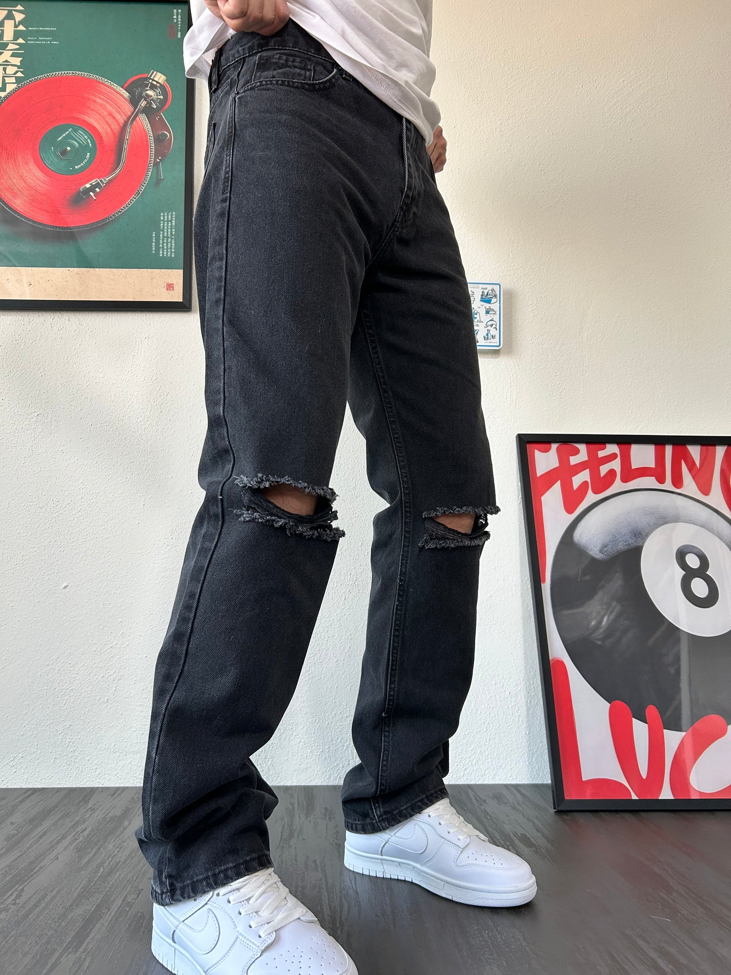 Dizi Yırtık Lazer Detay Füme Loose Fit Jean