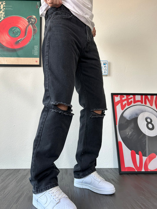Dizi Yırtık Lazer Detay Füme Loose Fit Jean
