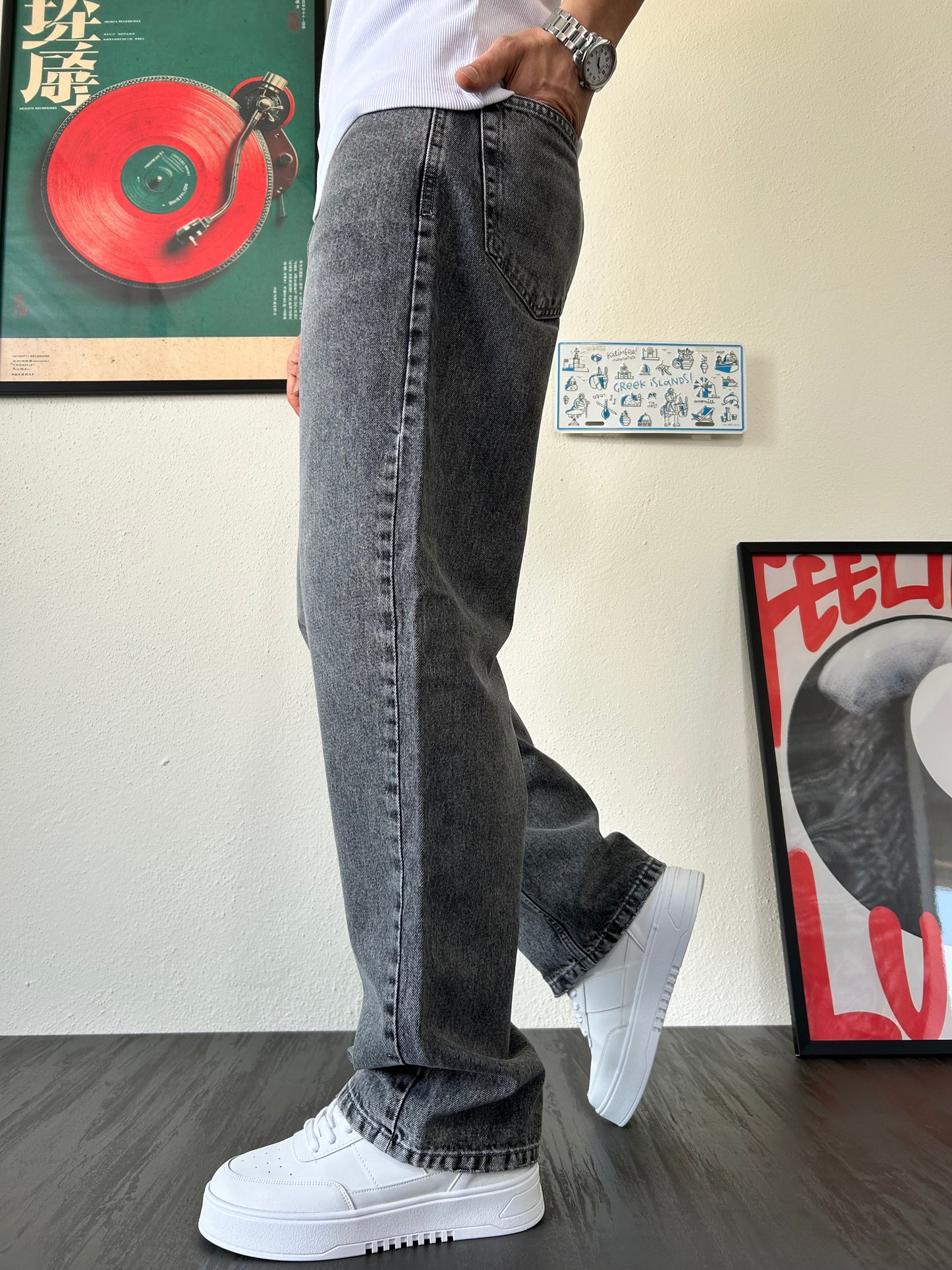 Baggy Fit Yıkamalı Gri Jean KV5