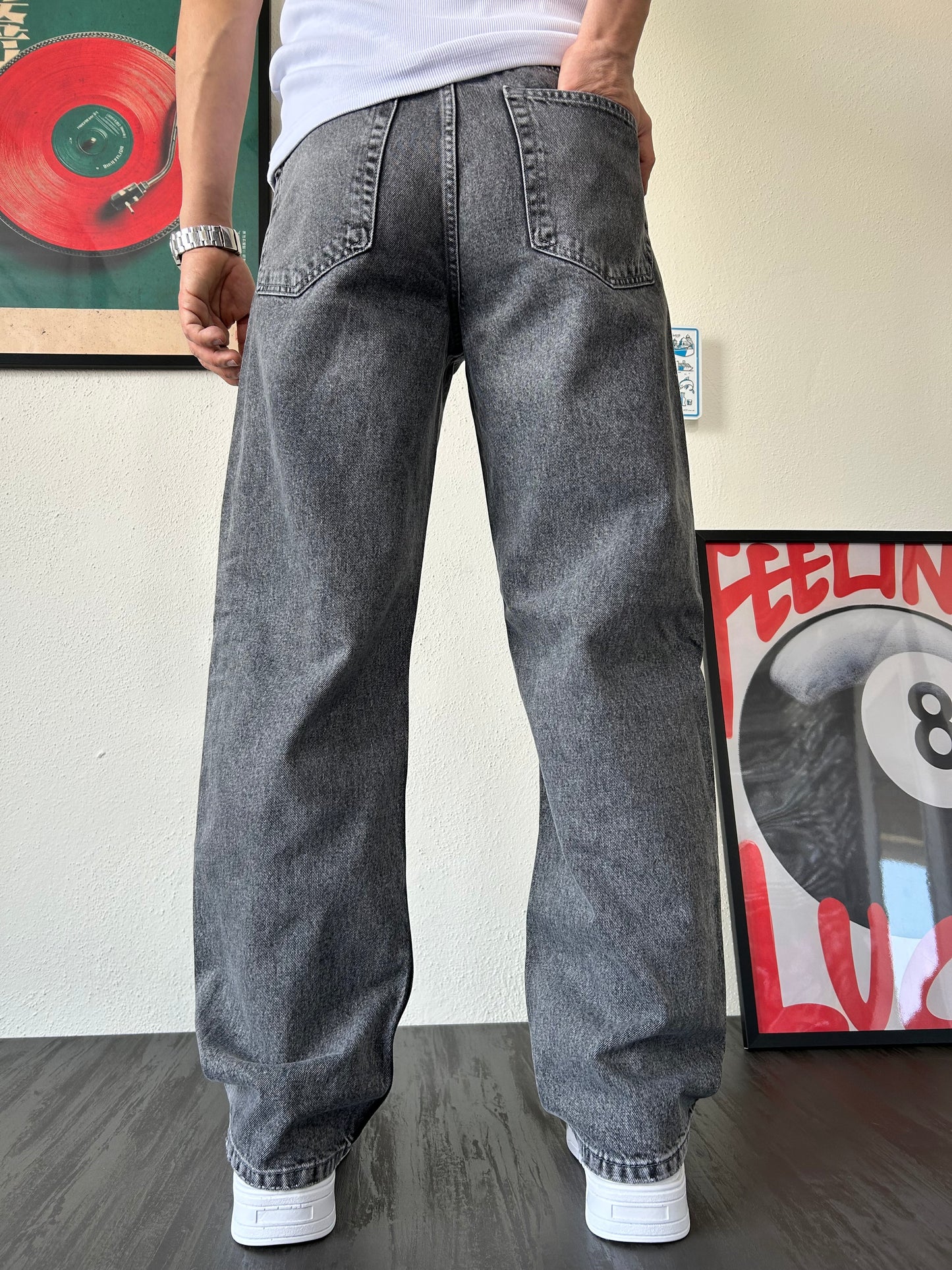 Baggy Fit Yıkamalı Gri Jean KV5