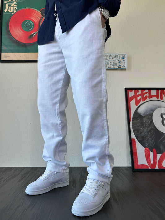 Relax Fit Kalıp Bağcıklı Beyaz Keten Pantolon