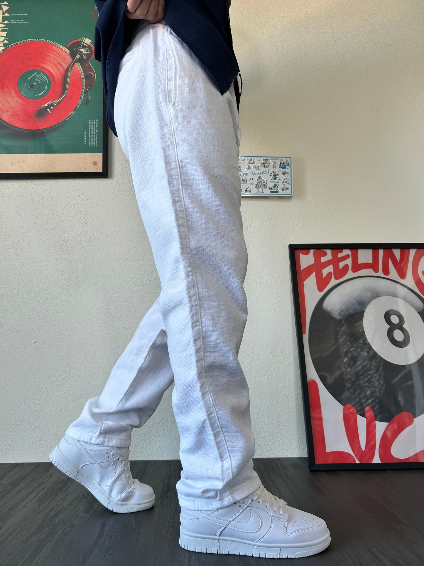 Relax Fit Kalıp Bağcıklı Beyaz Keten Pantolon