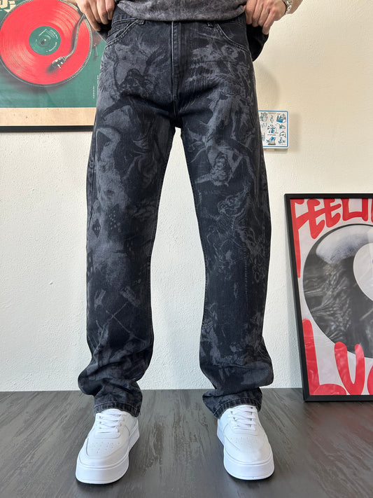 Old School Doku Desenli Siyah Baggy Jean