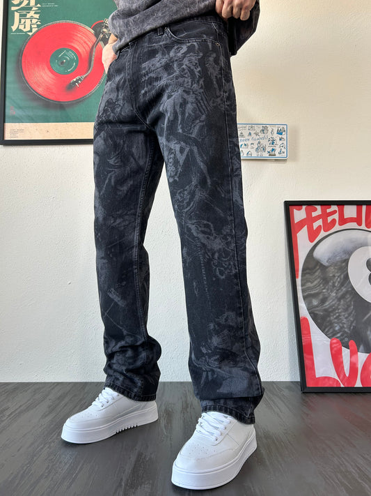 Old School Doku Desenli Siyah Baggy Jean
