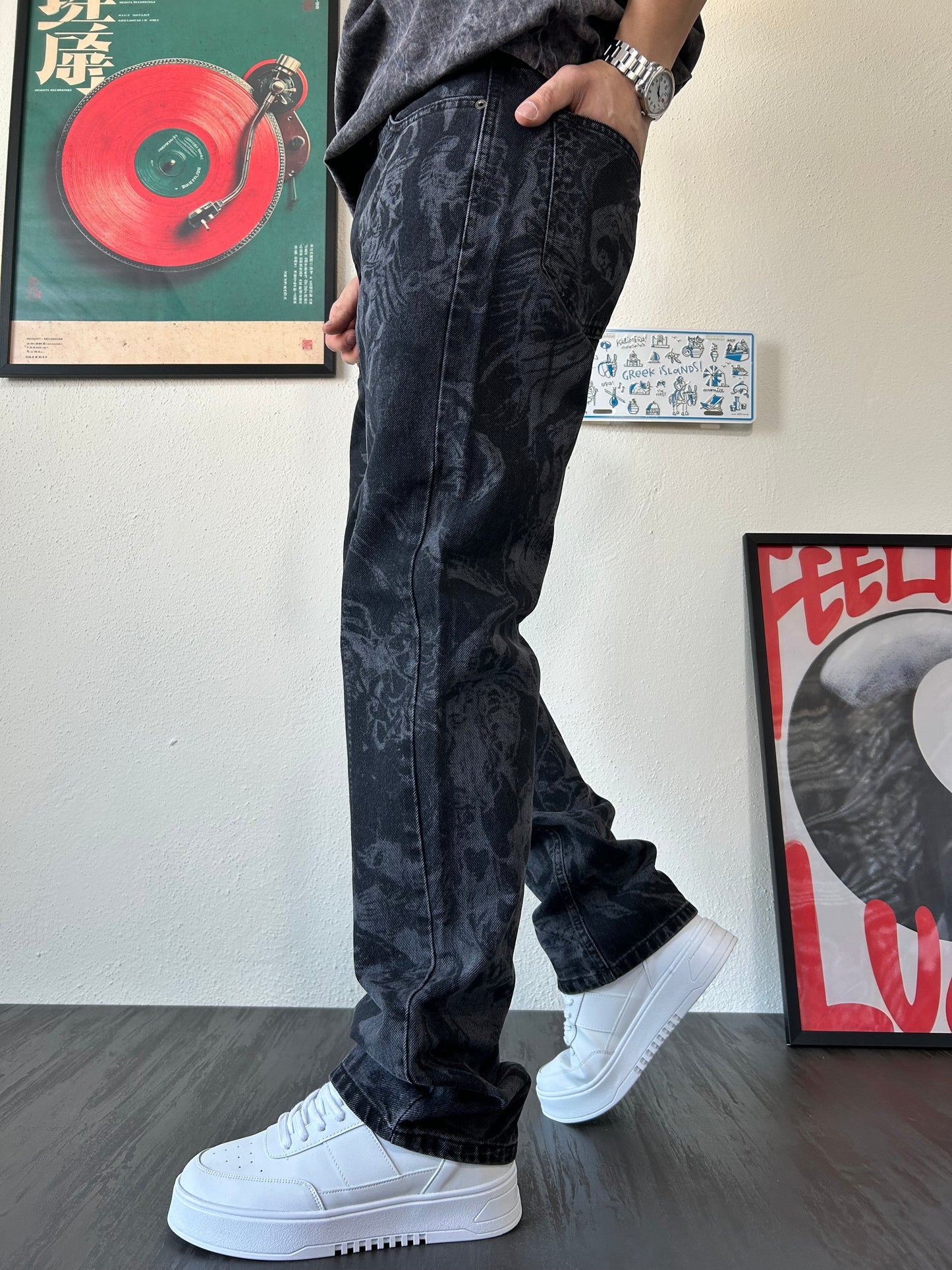 Old School Doku Desenli Siyah Baggy Jean