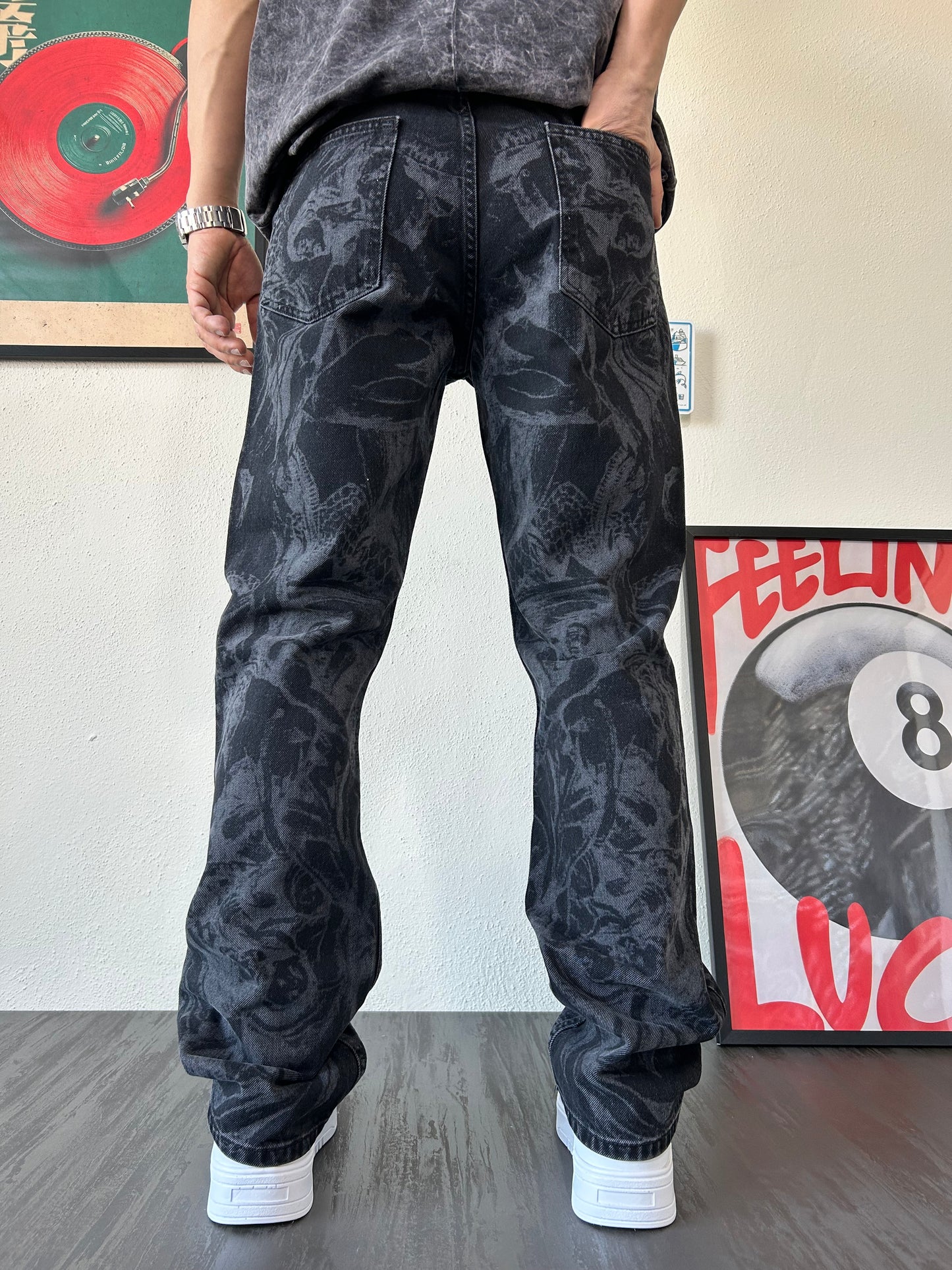 Old School Doku Desenli Siyah Baggy Jean