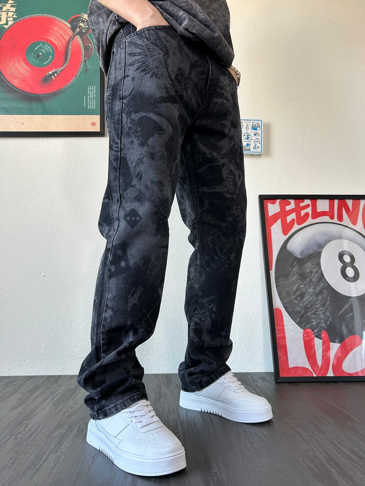 Old School Doku Desenli Siyah Baggy Jean