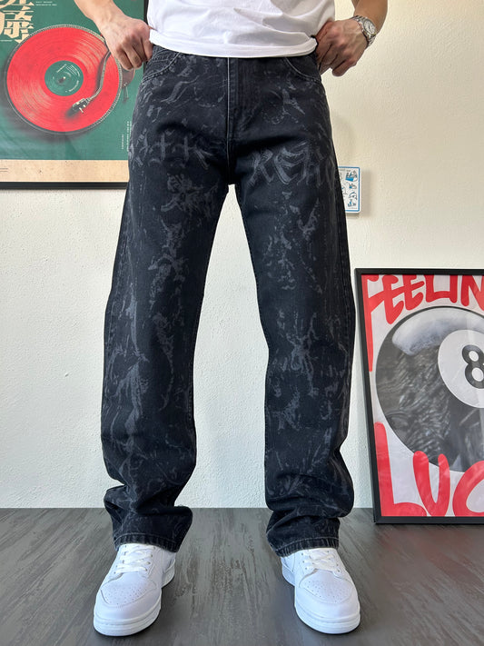 Siyah Full Lazer Desenli Bol Baggy Kalıp Premium Pantolon