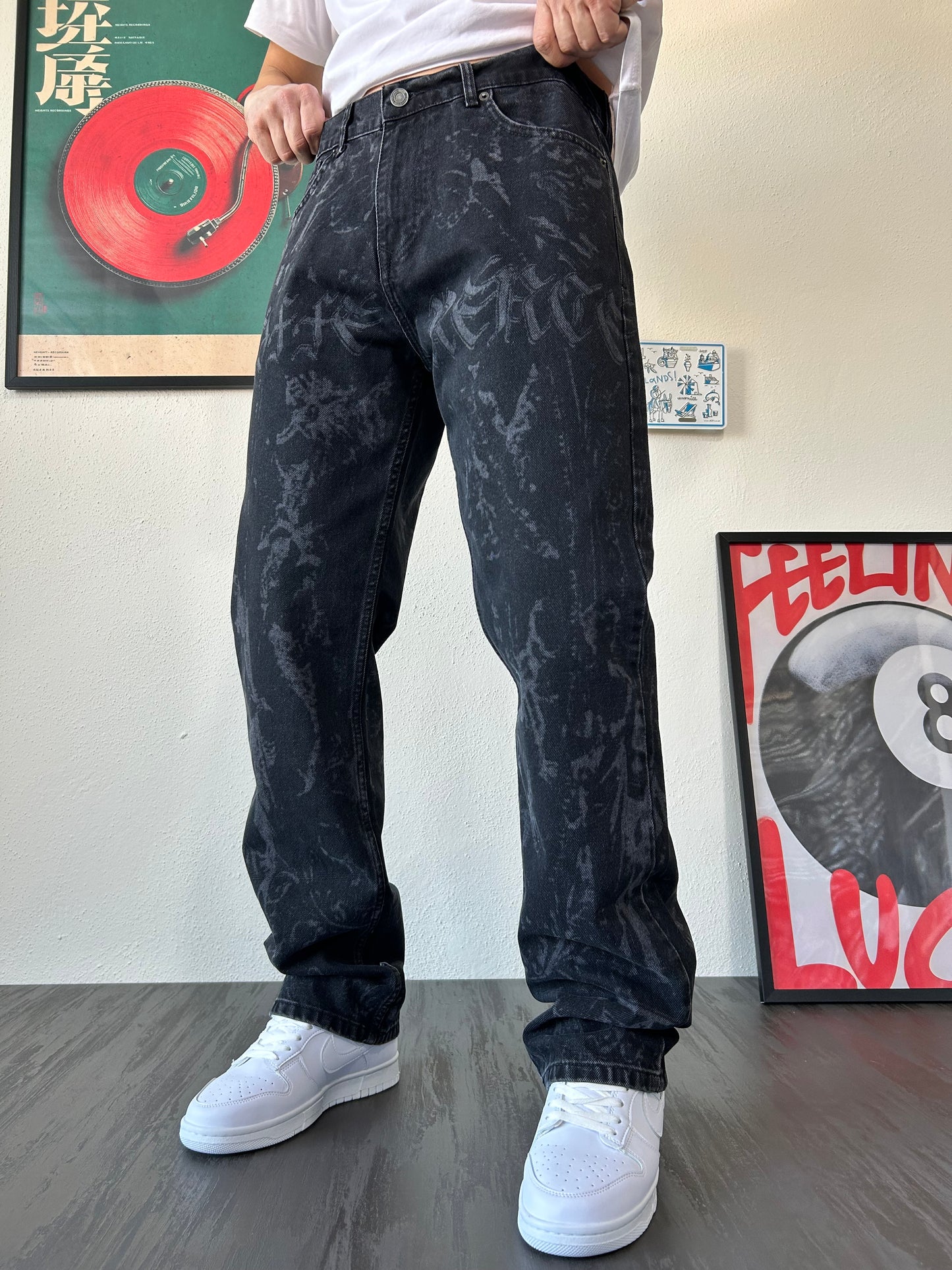 Siyah Full Lazer Desenli Bol Baggy Kalıp Premium Pantolon