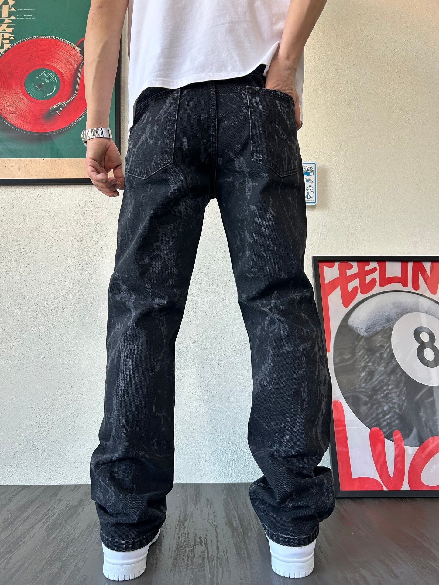 Siyah Full Lazer Desenli Bol Baggy Kalıp Premium Pantolon