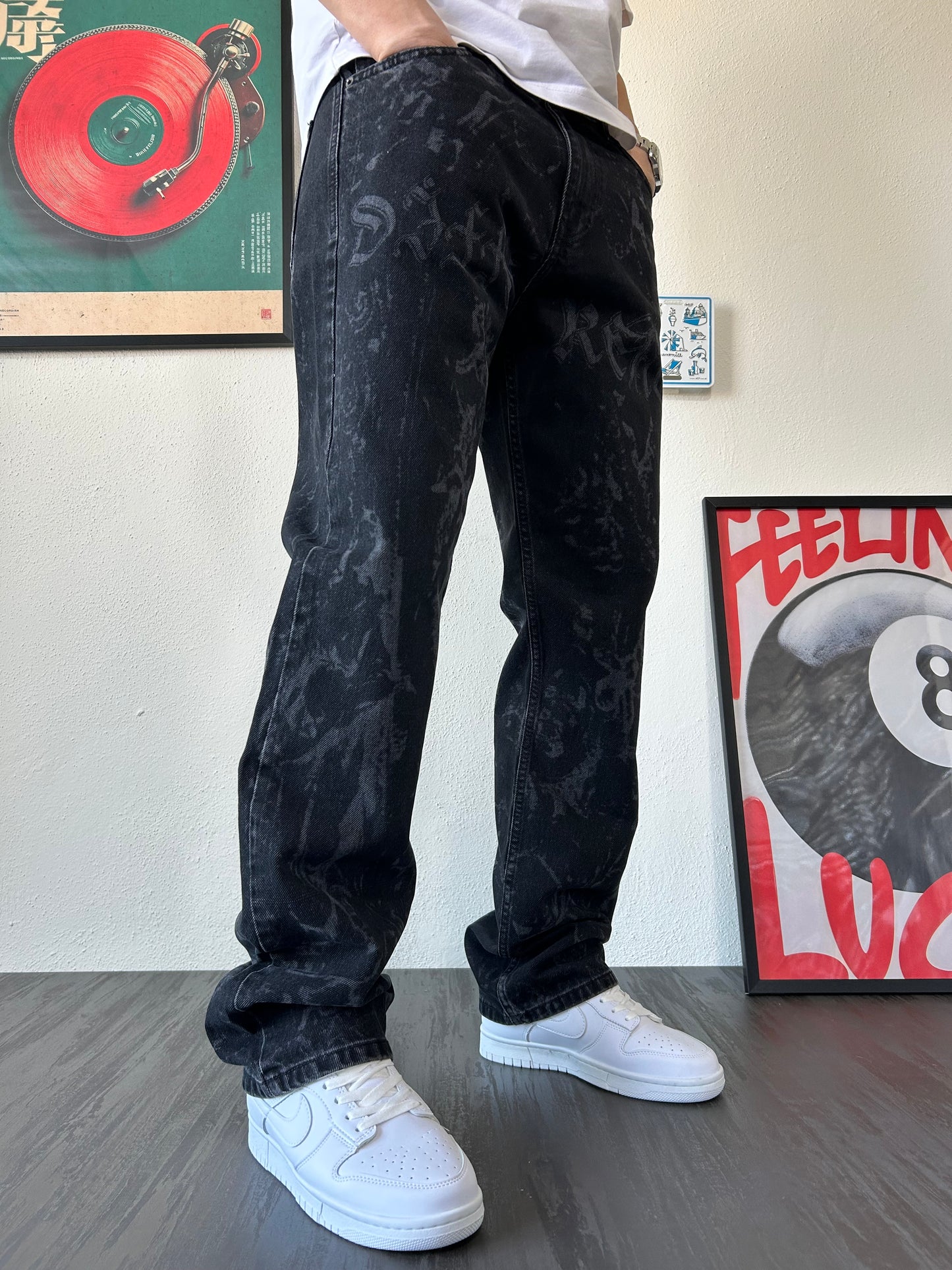Siyah Full Lazer Desenli Bol Baggy Kalıp Premium Pantolon