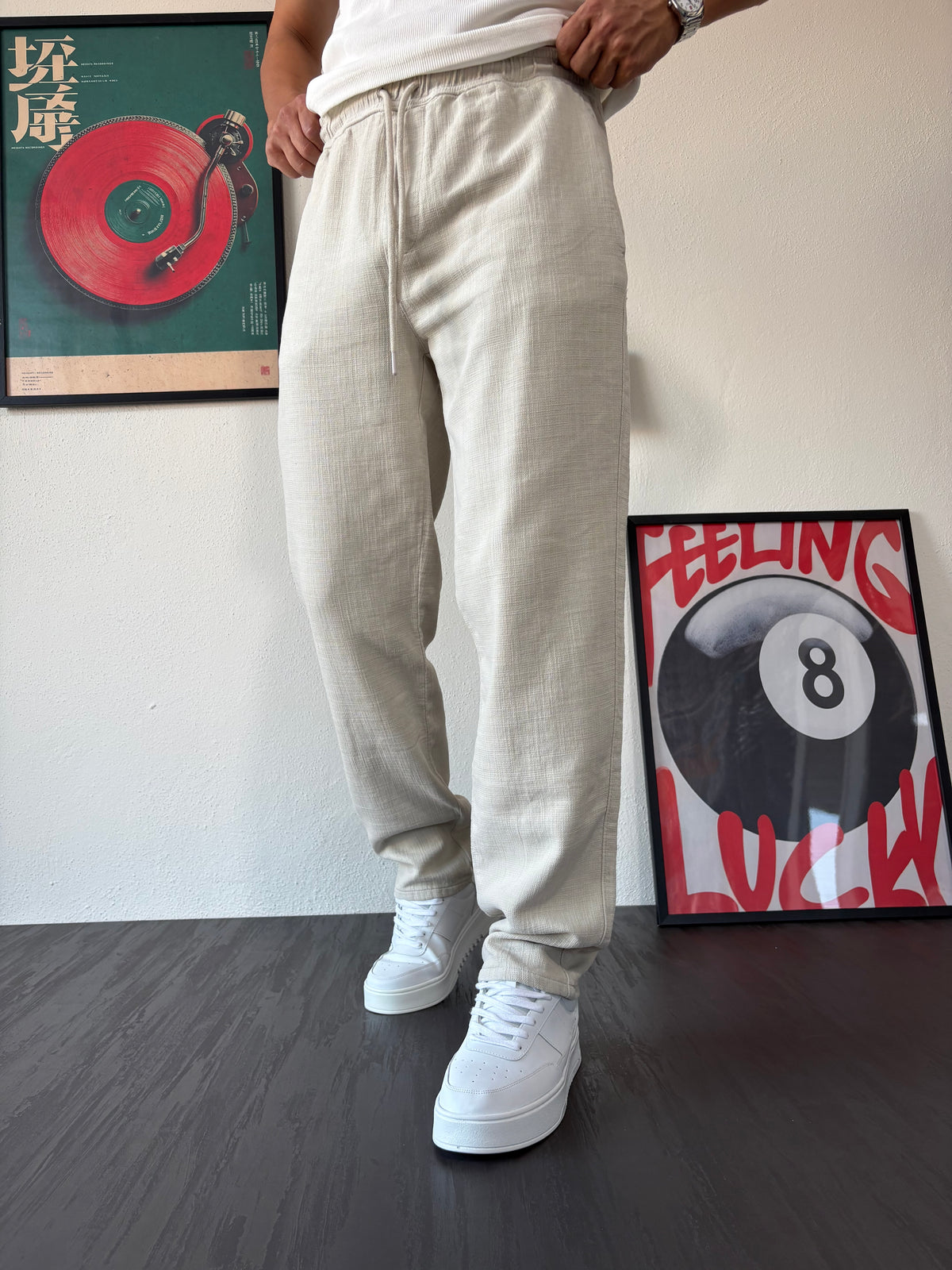 Relax Fit Kalıp Bağcıklı Bej Keten Pantolon