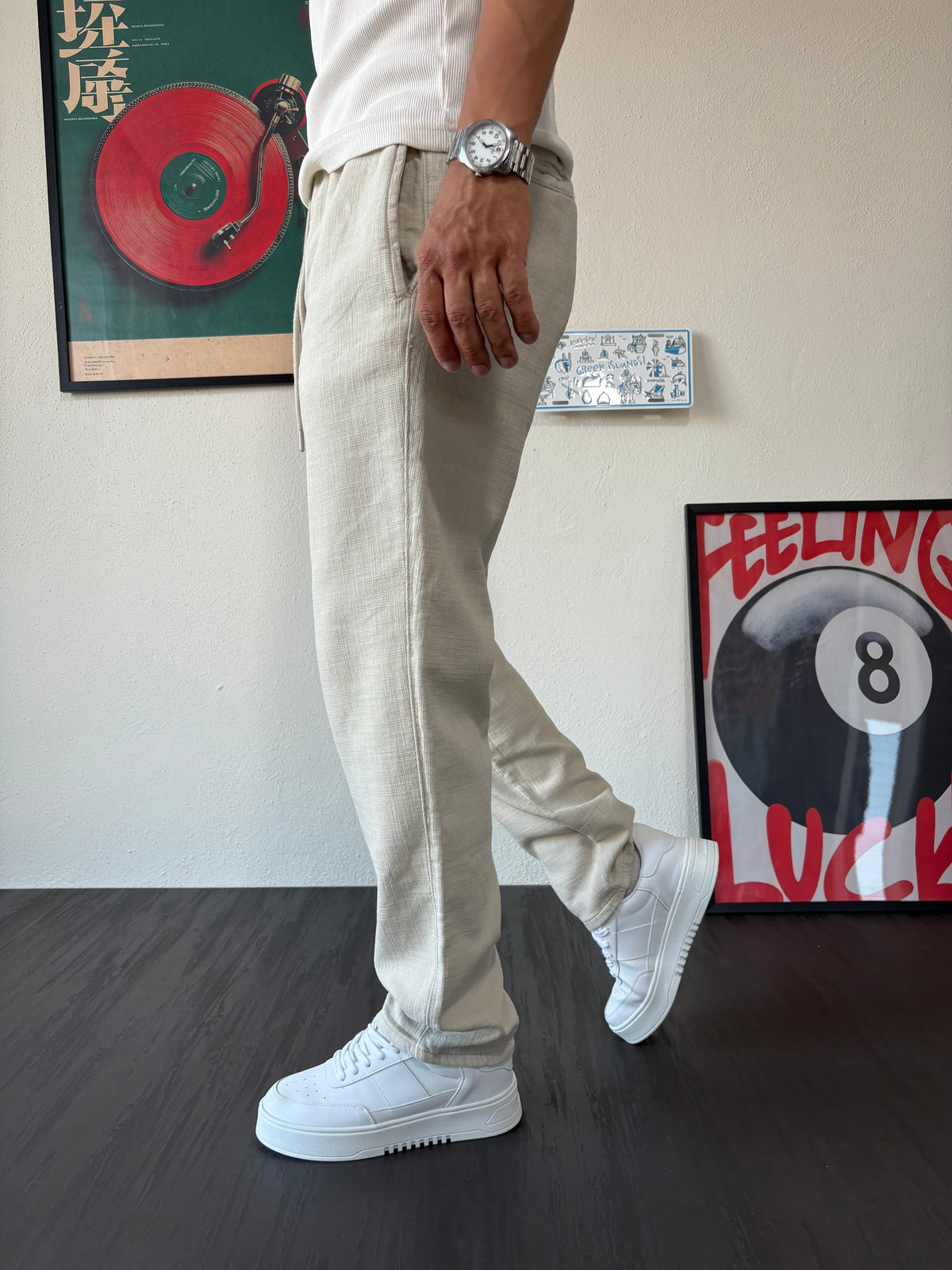 Relax Fit Kalıp Bağcıklı Bej Keten Pantolon