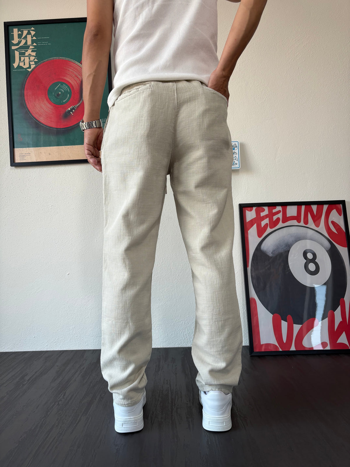 Relax Fit Kalıp Bağcıklı Bej Keten Pantolon