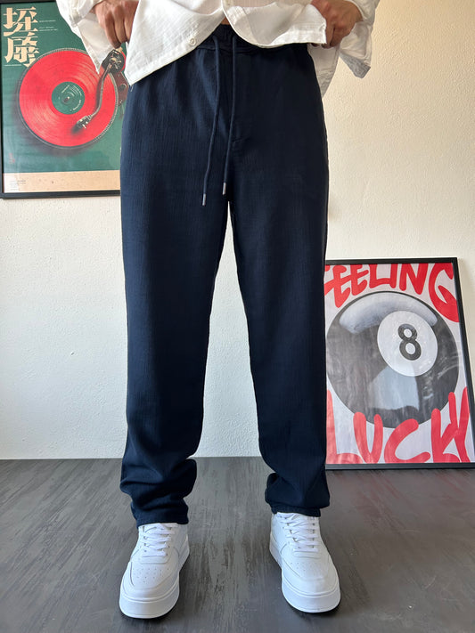 Relax Fit Kalıp Bağcıklı Lacivert Keten Pantolon