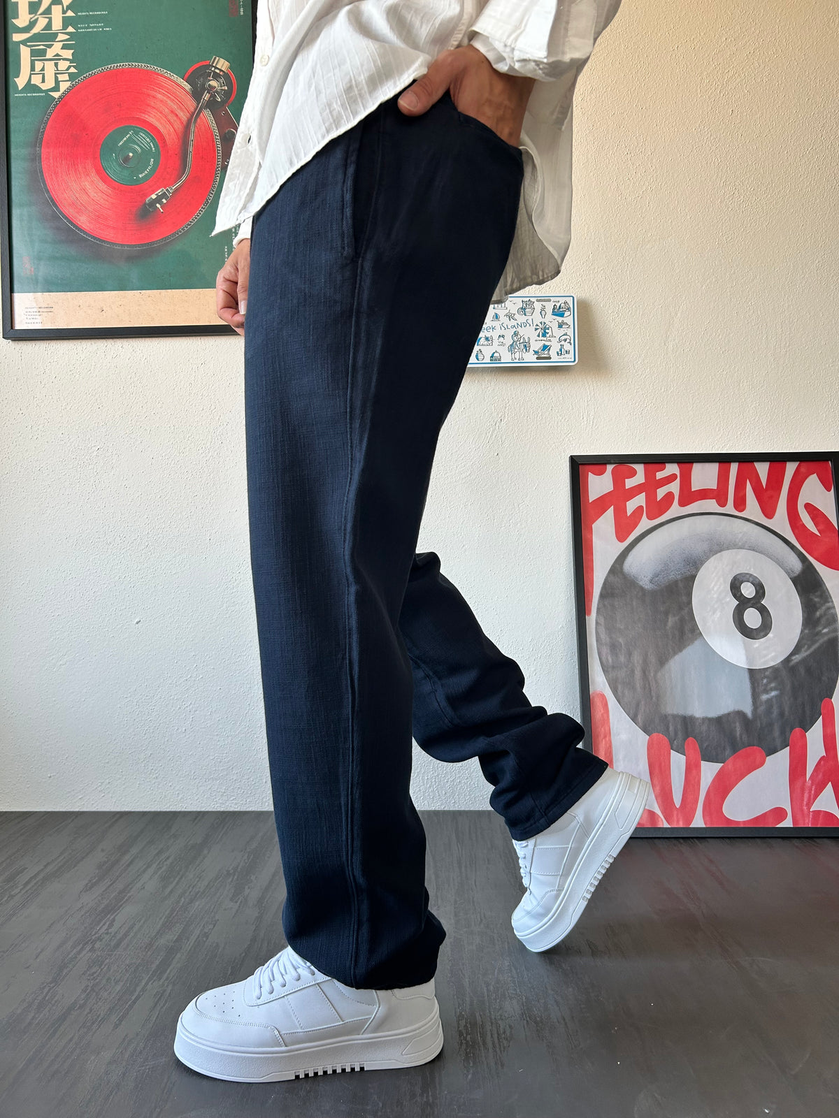 Relax Fit Kalıp Bağcıklı Lacivert Keten Pantolon