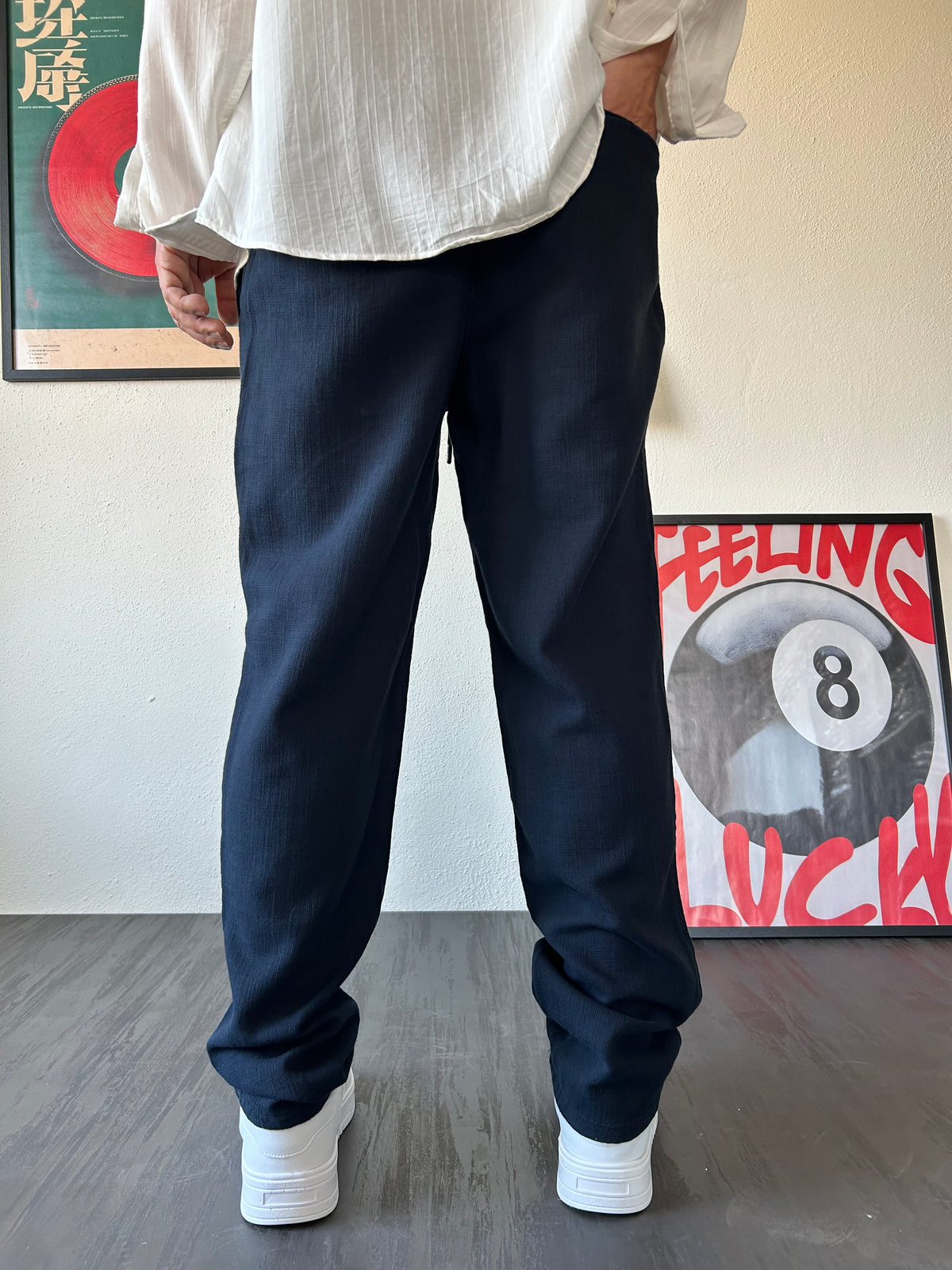 Relax Fit Kalıp Bağcıklı Lacivert Keten Pantolon