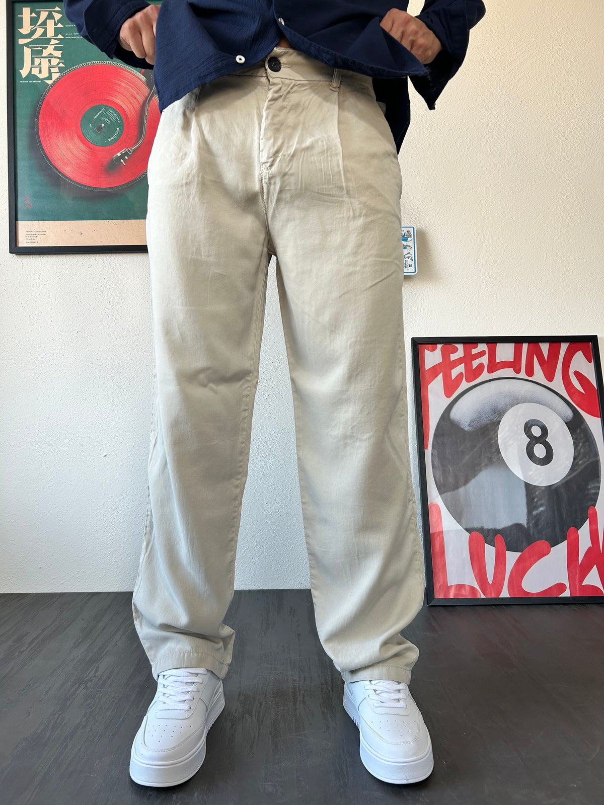 Bej Tensel Kumaş Rahat Kesim Baggy Pantolon
