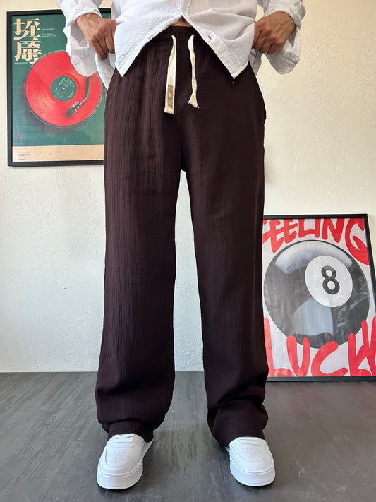 Kahverengi  Müslin Kumaş Basic Baggy Pantolon