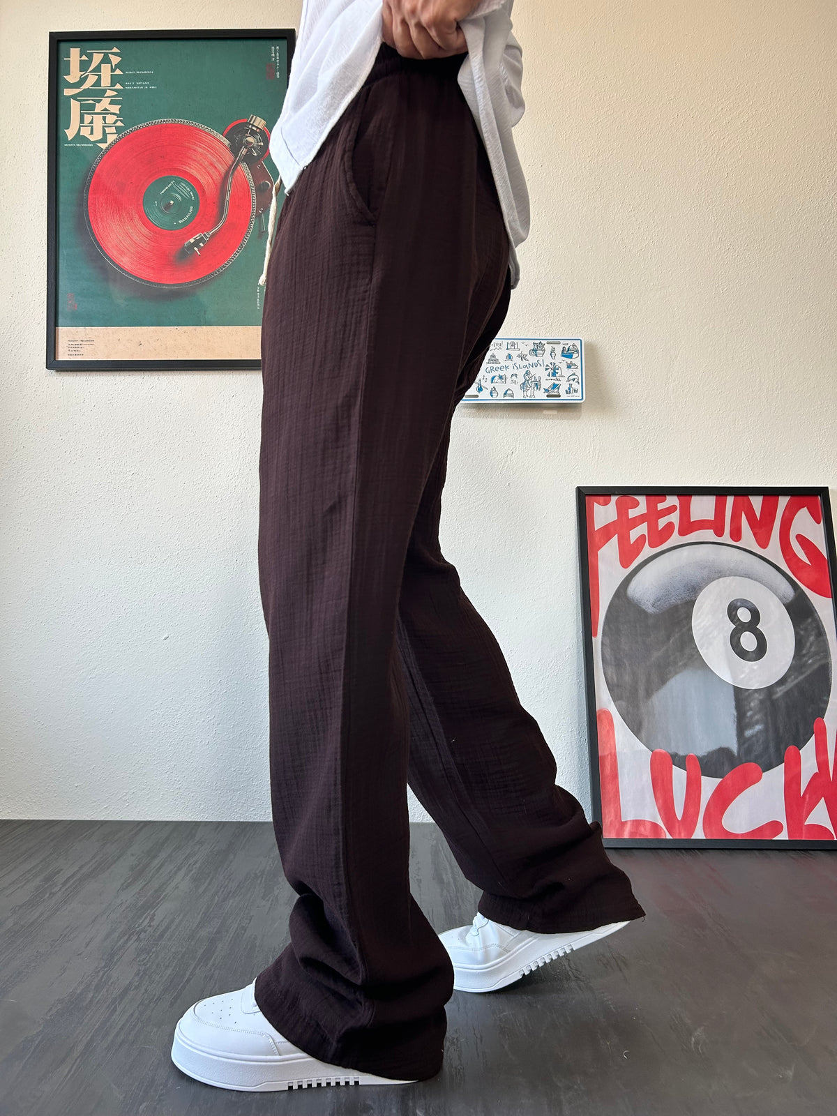 Kahverengi  Müslin Kumaş Basic Baggy Pantolon