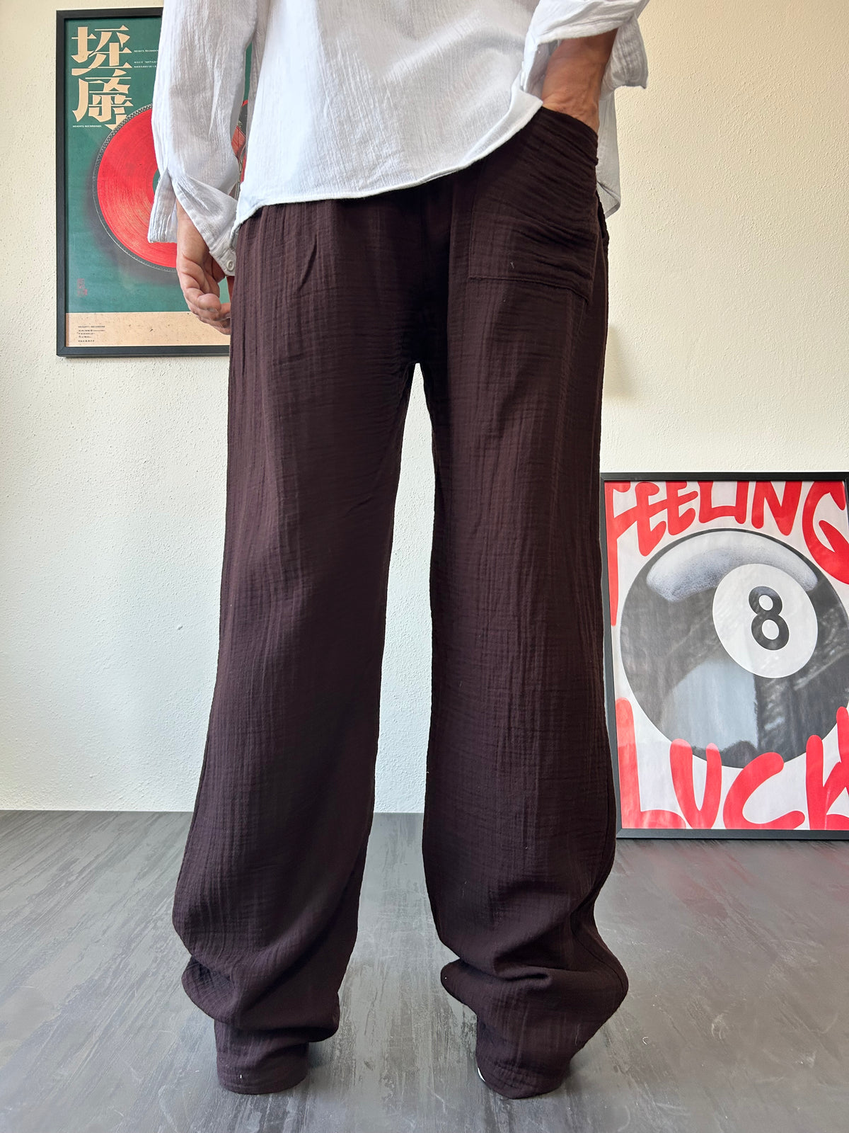 Kahverengi  Müslin Kumaş Basic Baggy Pantolon