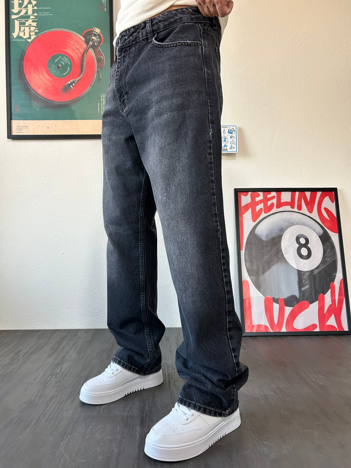 Baggy Fit Siyah Yıkamalı Jean