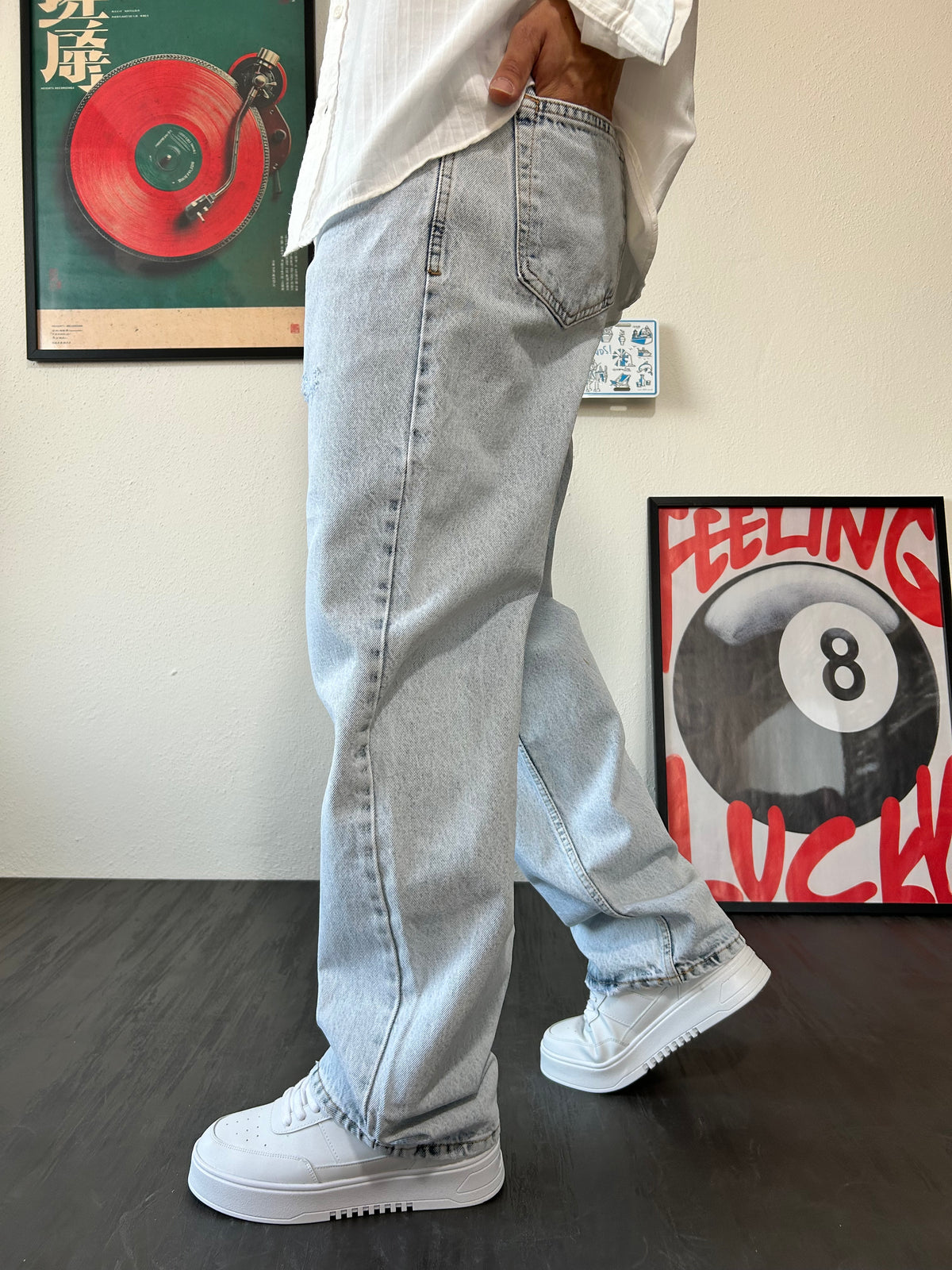 Buz Mavi Yırtık Detay Baggy Fit Jean