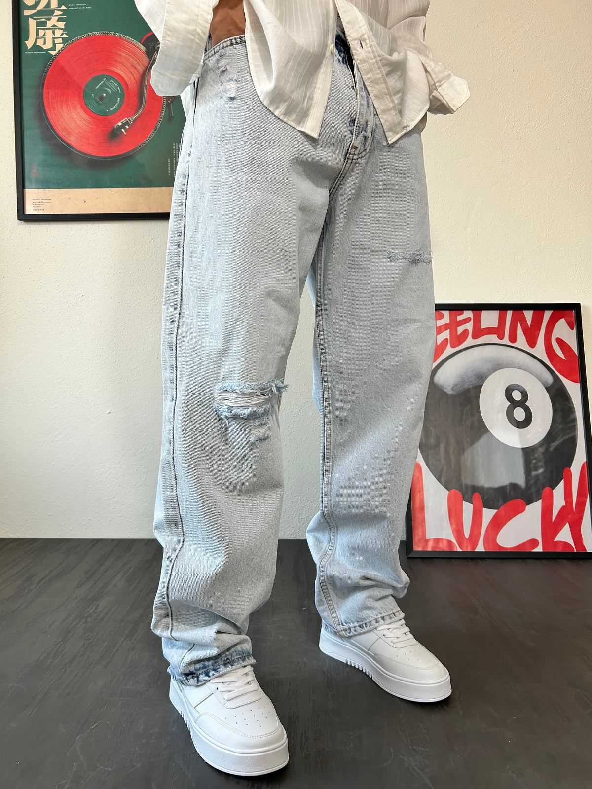 Buz Mavi Yırtık Detay Baggy Fit Jean