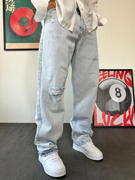 Buz Mavi Yırtık Detay Baggy Fit Jean