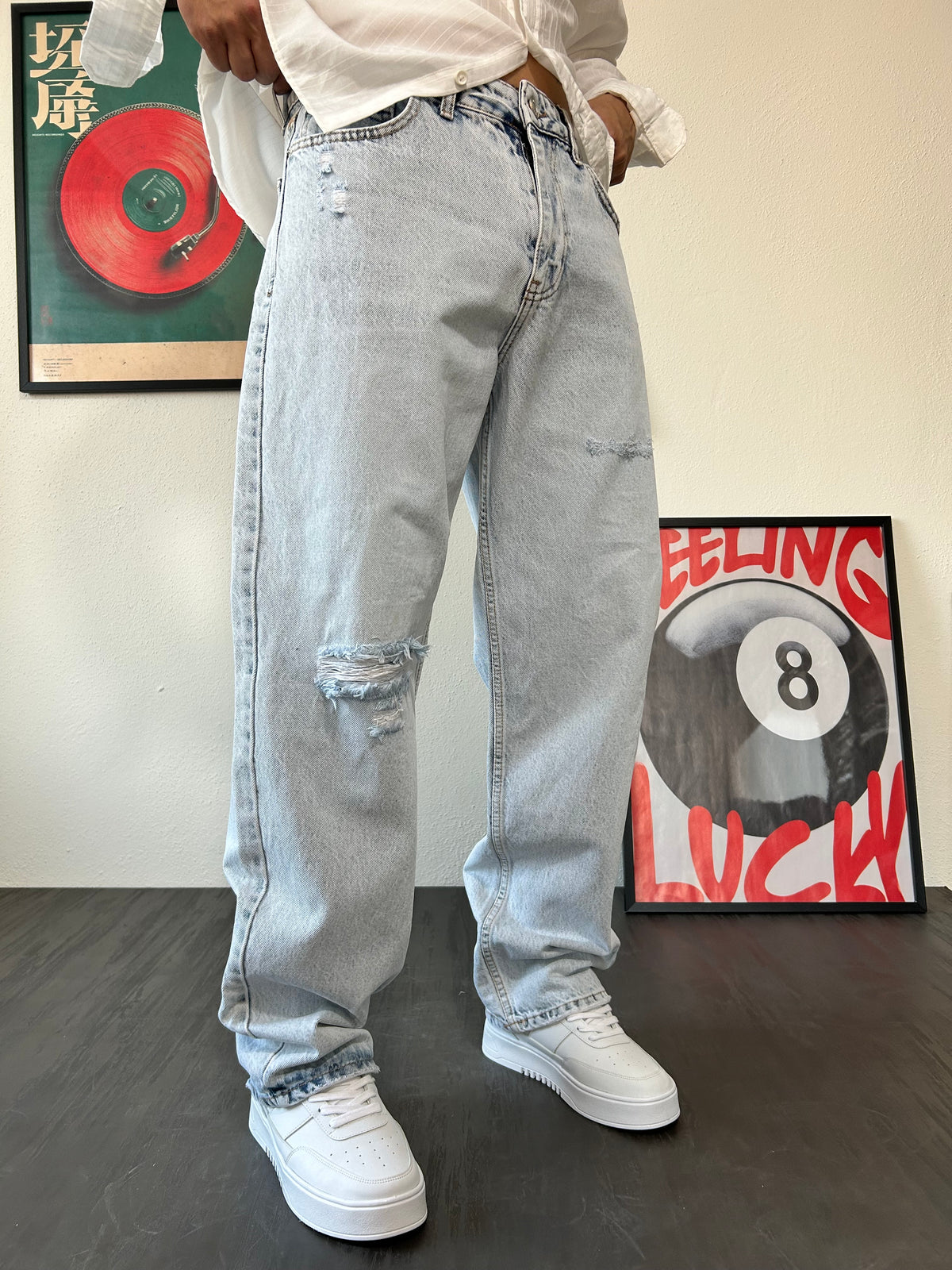 Buz Mavi Yırtık Detay Baggy Fit Jean